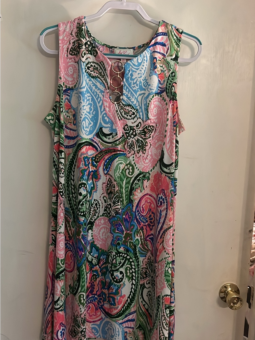 Sleeveless Paisley Midi Dress with Ring Detail - Pink & Green